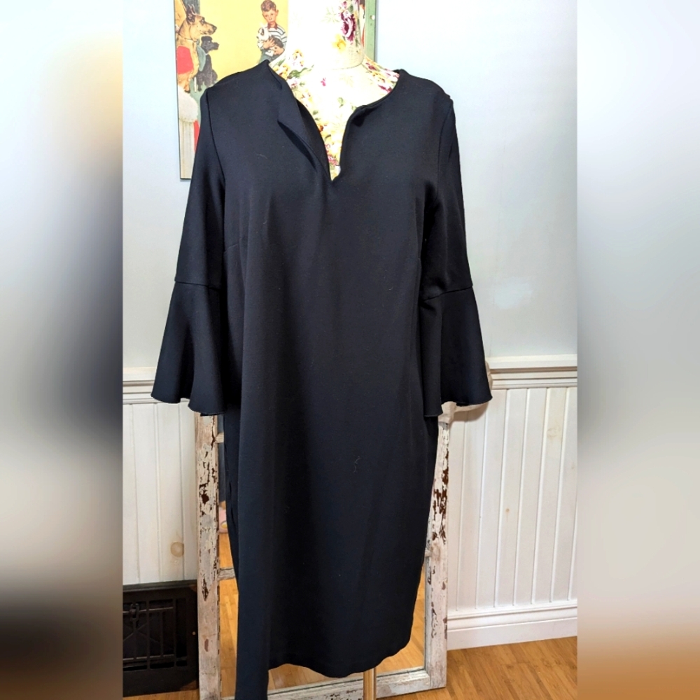Lord & Taylor Black Midi Dress Pullover Flare Sleeves